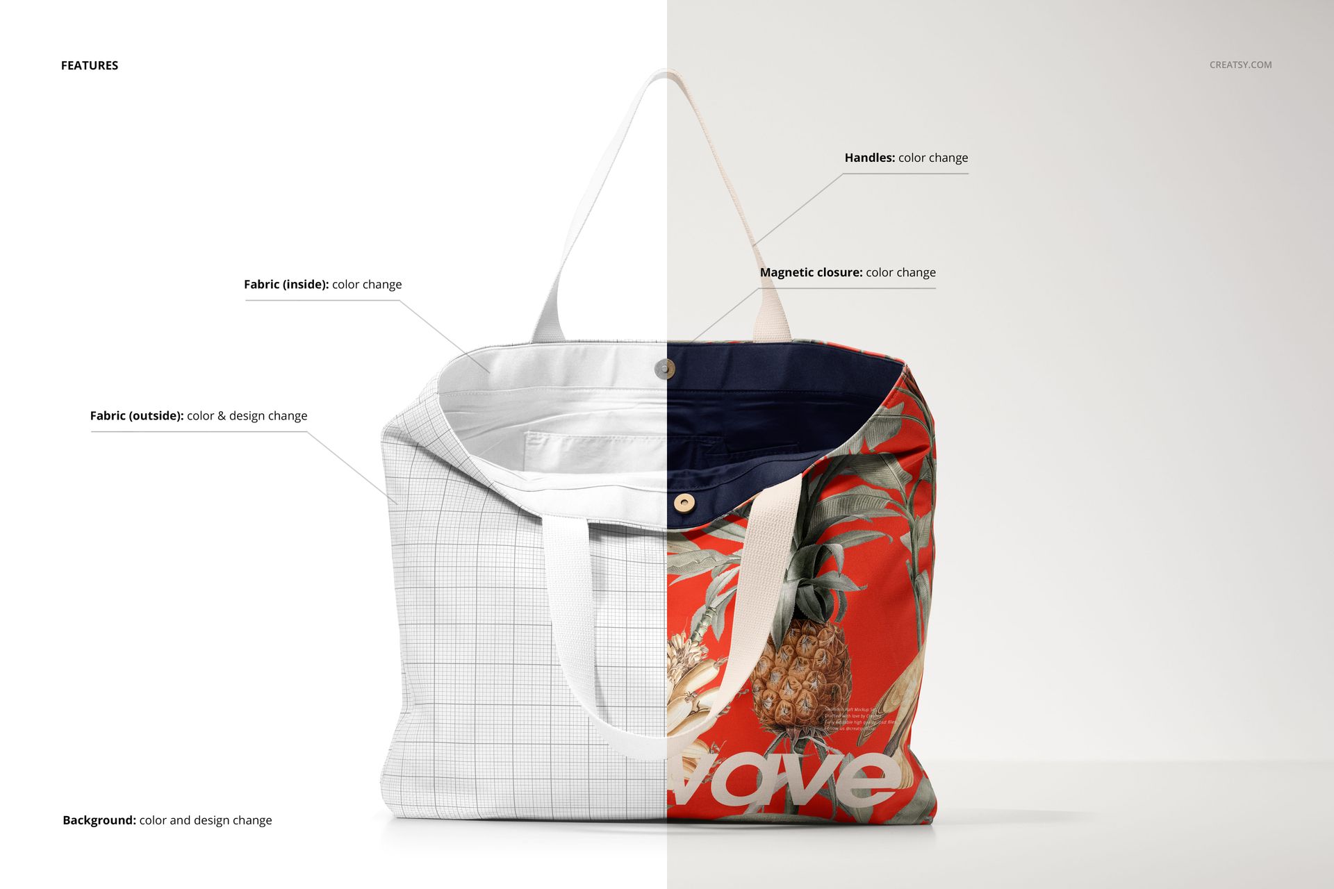 Front view of a natural cotton tote bag mockup with split design, showing grid pattern on one half and tropical print on the other.