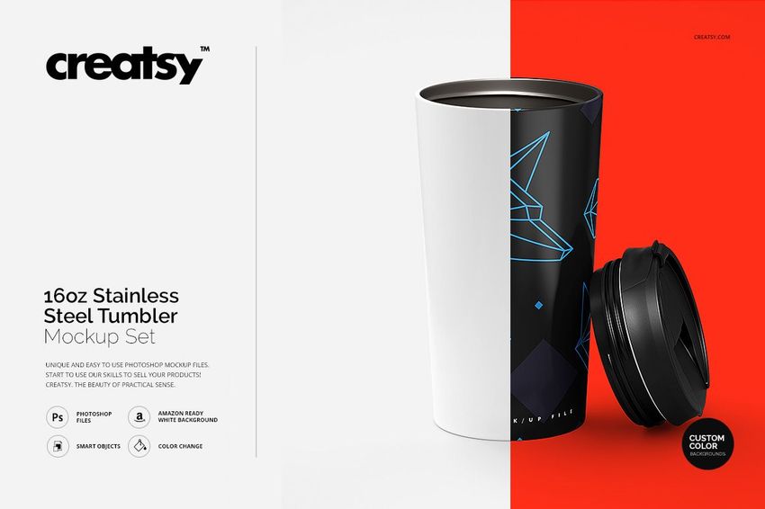 Front view of a 16 oz stainless steel tumbler with a geometric black and blue design, lid placed beside on a split white and red background.