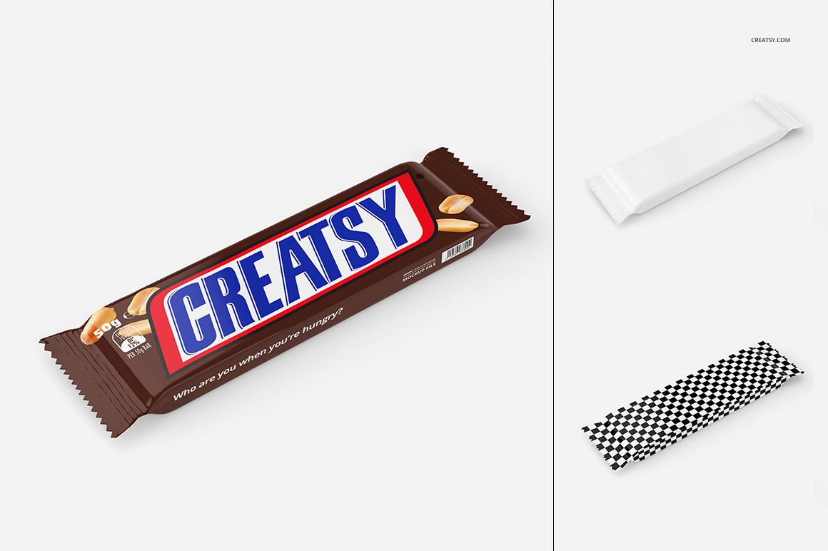 Bar packaging mockup featuring a chocolate bar with a colorful wrapper design, shown from a top view on a white background.