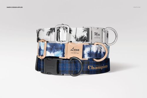 Dog collar PSD mockup set displaying three collars with metal buckles and assorted patterns against a light background.