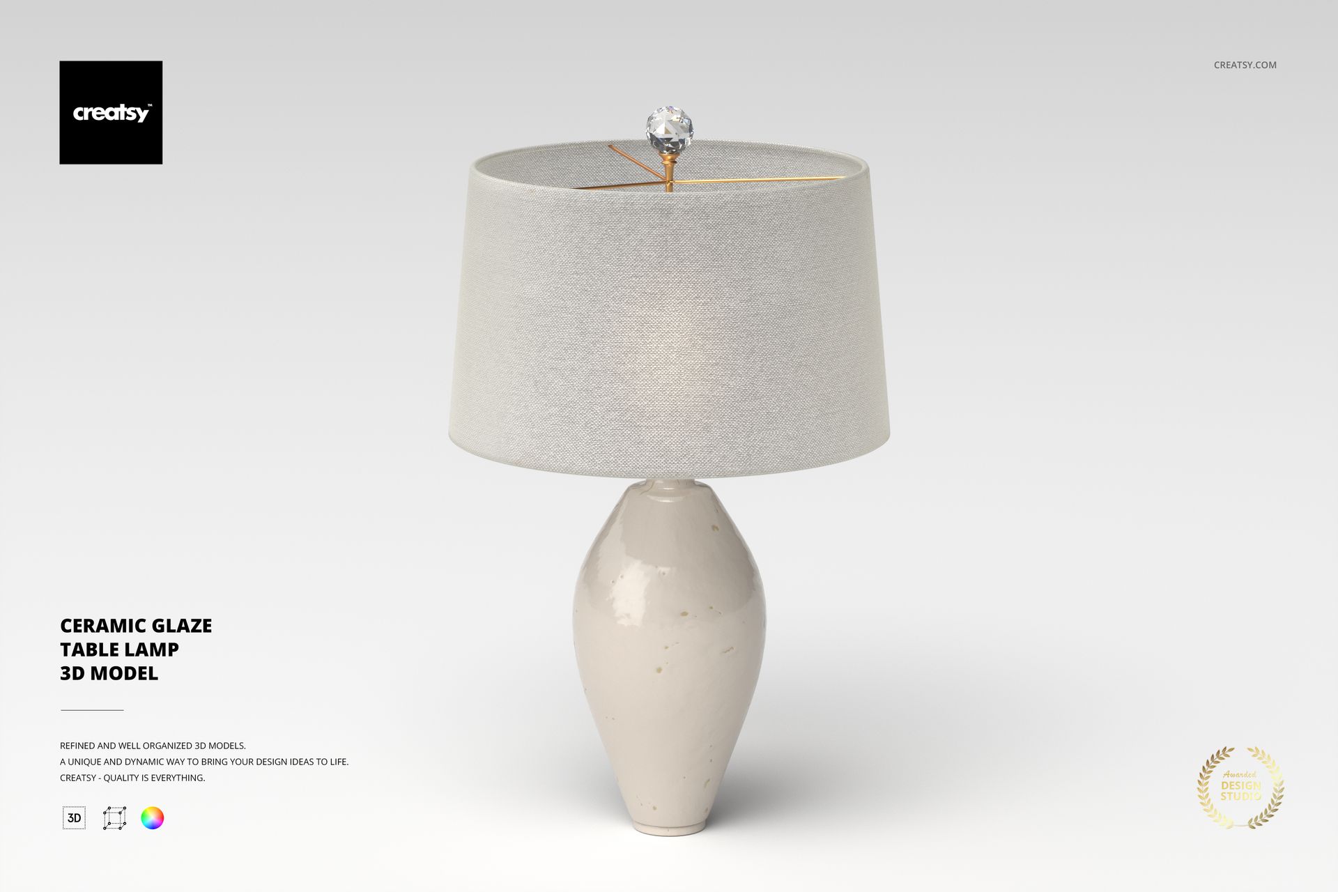 Front view of a ceramic glaze table lamp with a rounded beige base and a wide light gray fabric lampshade on a plain background.