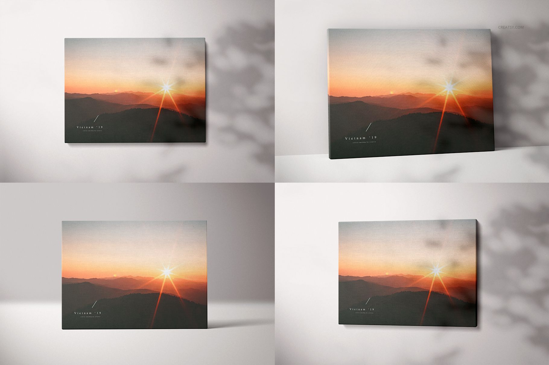 Gallery wrap canvas mockup set with mountain sunset design, shown hanging and standing in different perspectives.