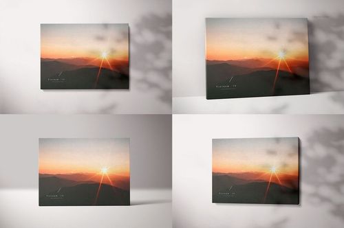 Gallery wrap canvas mockup set with mountain sunset design, shown hanging and standing in different perspectives.