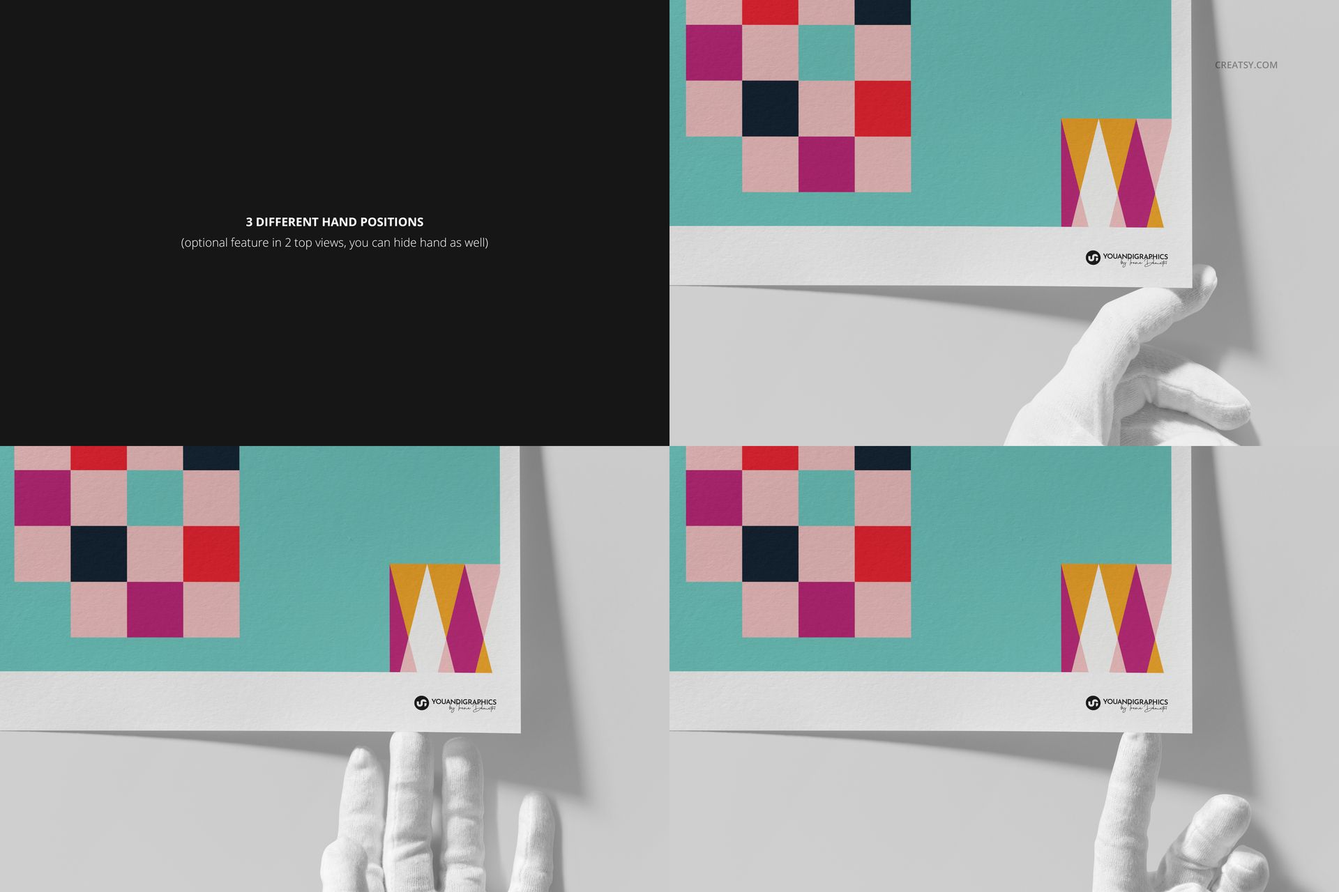 A3 fine art print mockup with geometric colorful patterns, shown in three views with a gloved hand holding the paper.