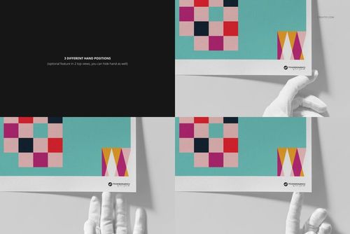 A3 fine art print mockup with geometric colorful patterns, shown in three views with a gloved hand holding the paper.