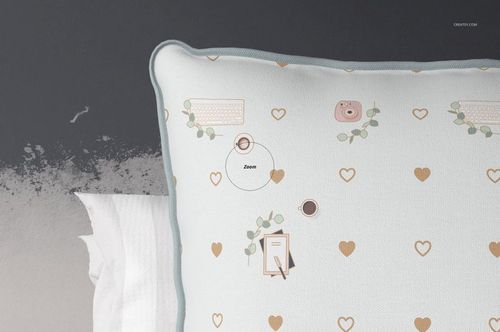 Front view of a piping cushion mockup with light blue trim and whimsical icons including hearts and office items.