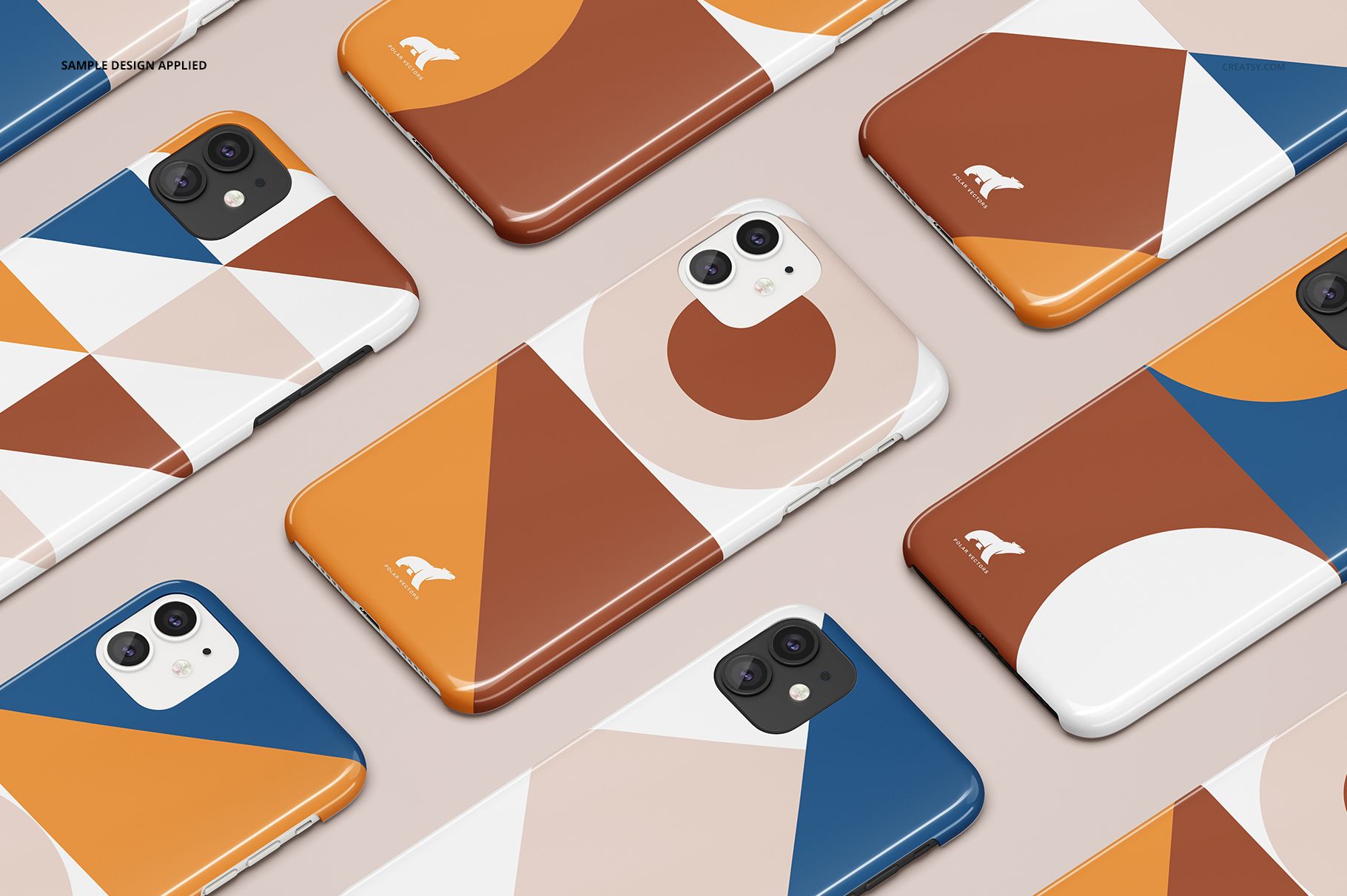 iPhone 11 PSD mockup set showing glossy cases in blue, brown, and white geometric patterns, laid out in a grid.
