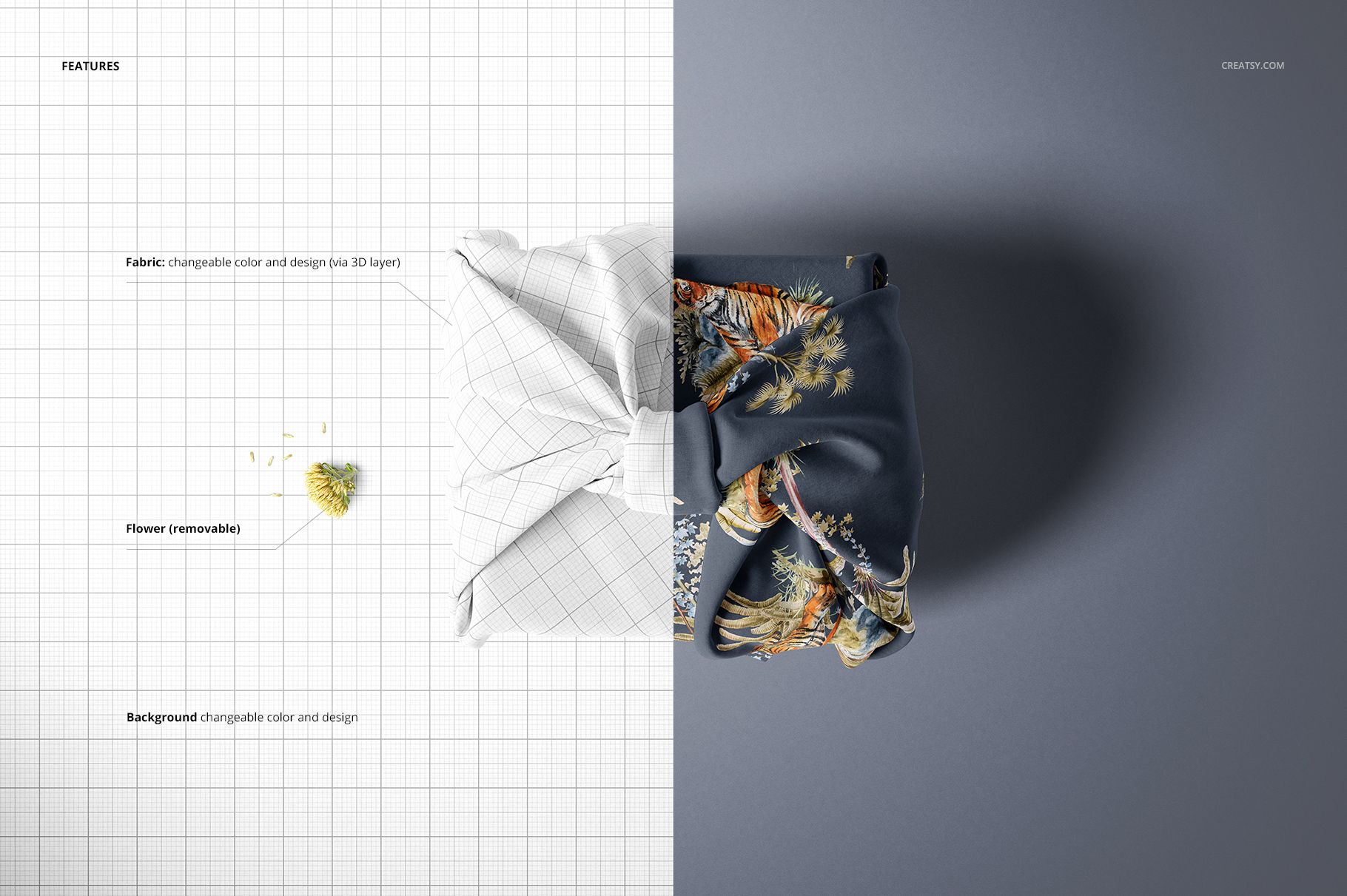 Top view of a fabric gift wrap mockup, half with a grid pattern and half with a floral print, set against a gray background.