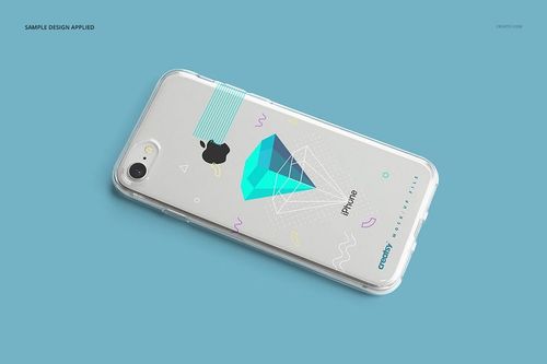 iPhone 8 clear case mockup featuring abstract blue diamond artwork and colored lines on a flat blue surface.