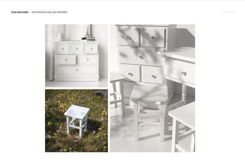White furniture mockup set featuring a dresser, stools, and a small table shown in bright natural light.