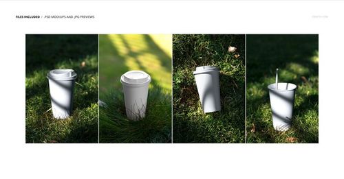 Paper cup mockup set featuring white cups with lids and straws placed on green grass in natural sunlight.