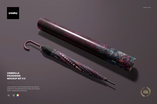 PSD mockup of an umbrella and its packaging tube with swirling maroon and blue design, set against a neutral surface.