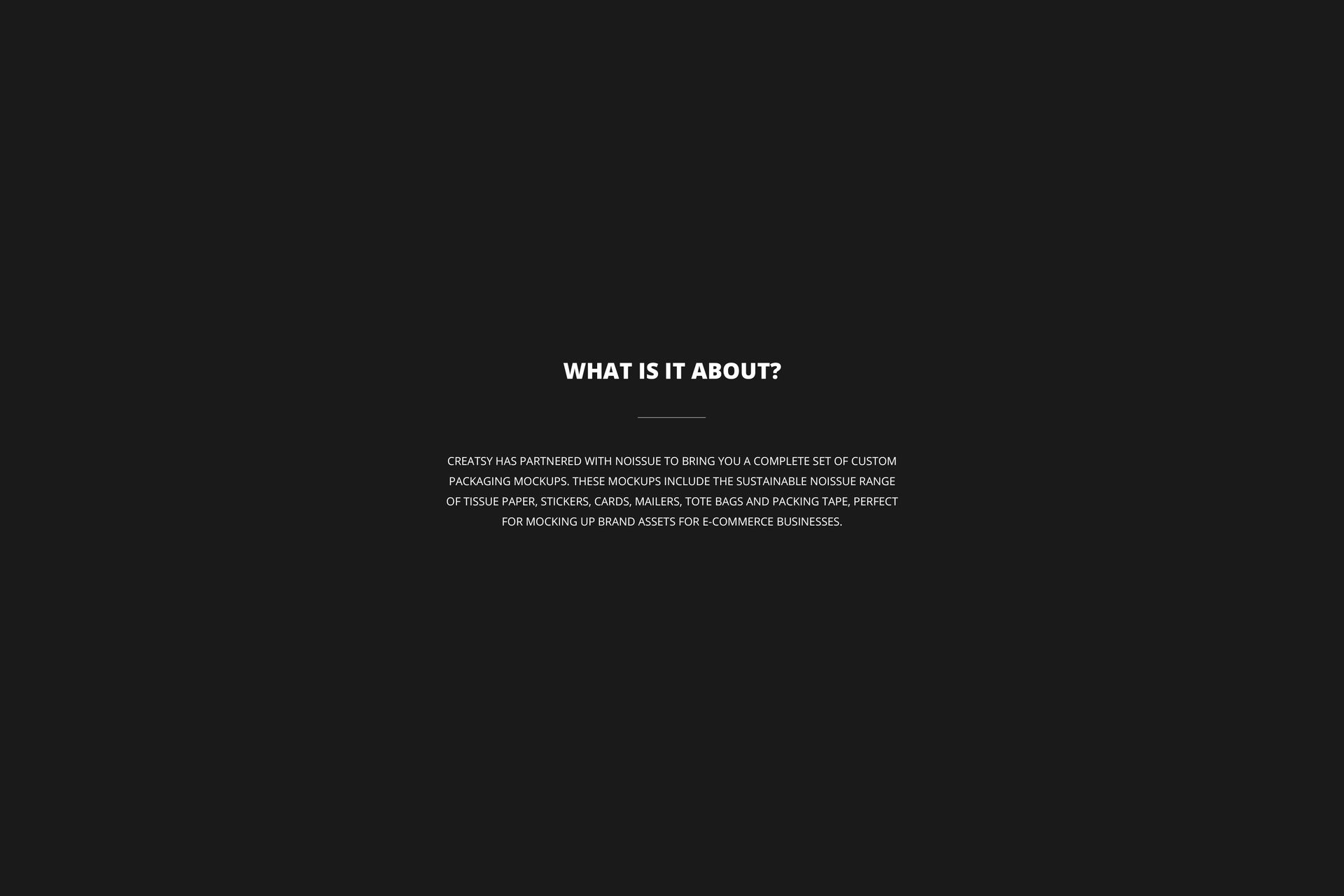 Centered white text on a dark gray background describing the Noissue Tote Bag mockup bundle and its features.