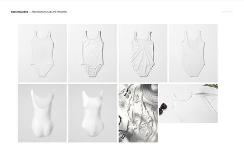 Contrado swimsuit mockup set featuring minimalist studio shots and a beach-themed arrangement with summer props.