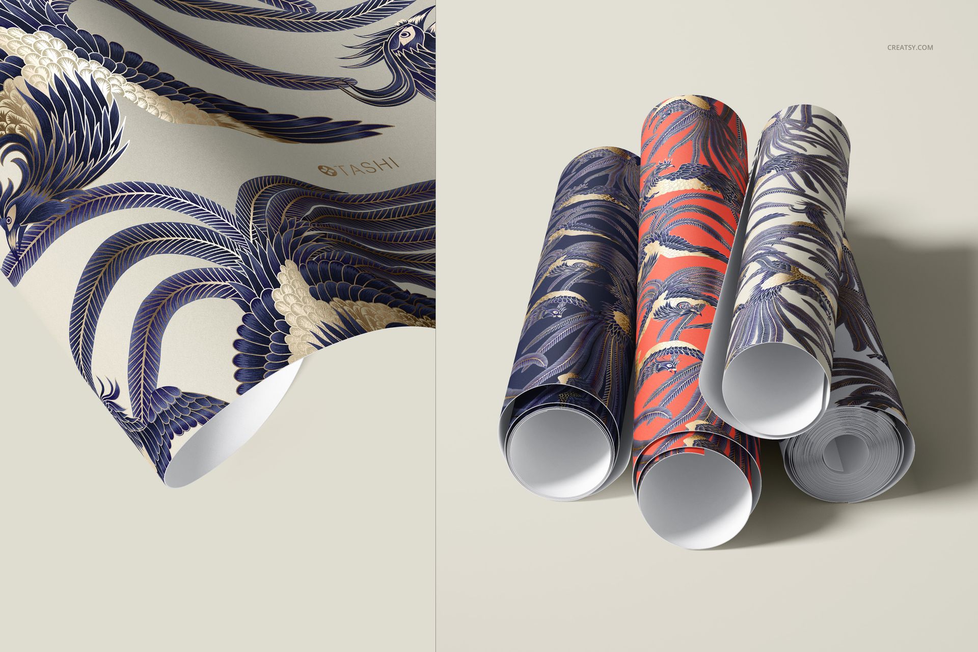 Close-up of paper wallpaper mockup rolls featuring detailed botanical and feather designs in bold and muted colors.
