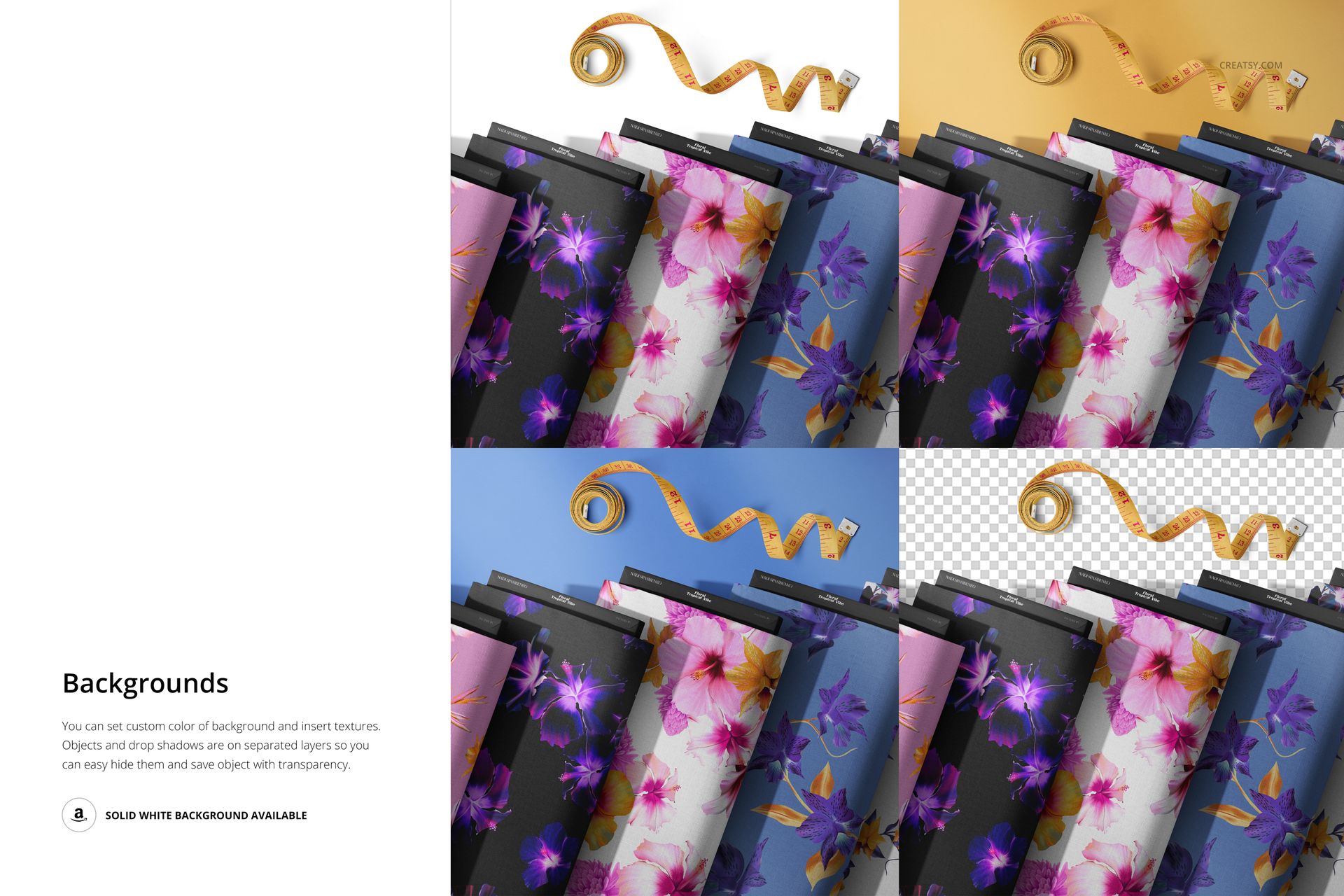 Fabric bolts mockup displayed from above, showing various floral designs and a yellow measuring tape on a white background.