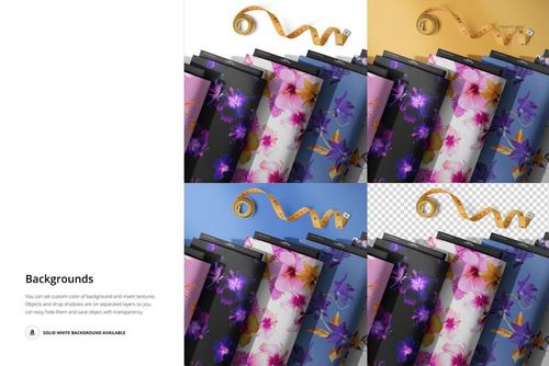 Fabric bolts mockup displayed from above, showing various floral designs and a yellow measuring tape on a white background.