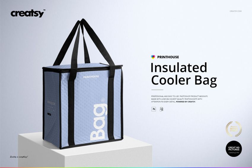 Blue insulated cooler bag mockup shown from a front side angle, featuring black straps and a simple design.