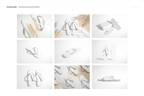 Multiple pairs of plain white flip flops displayed in different layouts and shadows, shown as a PSD mockup set.