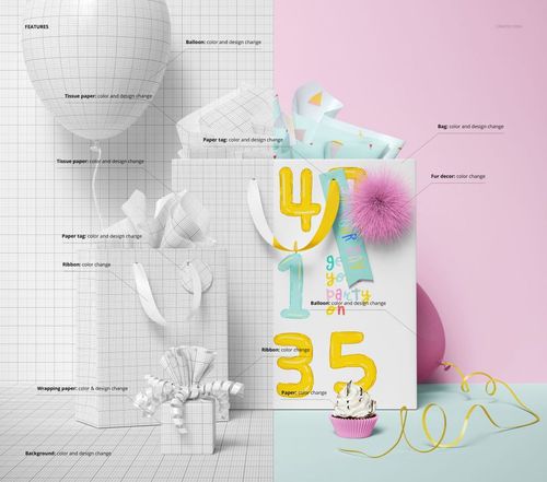 PSD mockup showing paper bags for gifting, decorated with bright pom-poms, ribbons, and party-themed accessories.