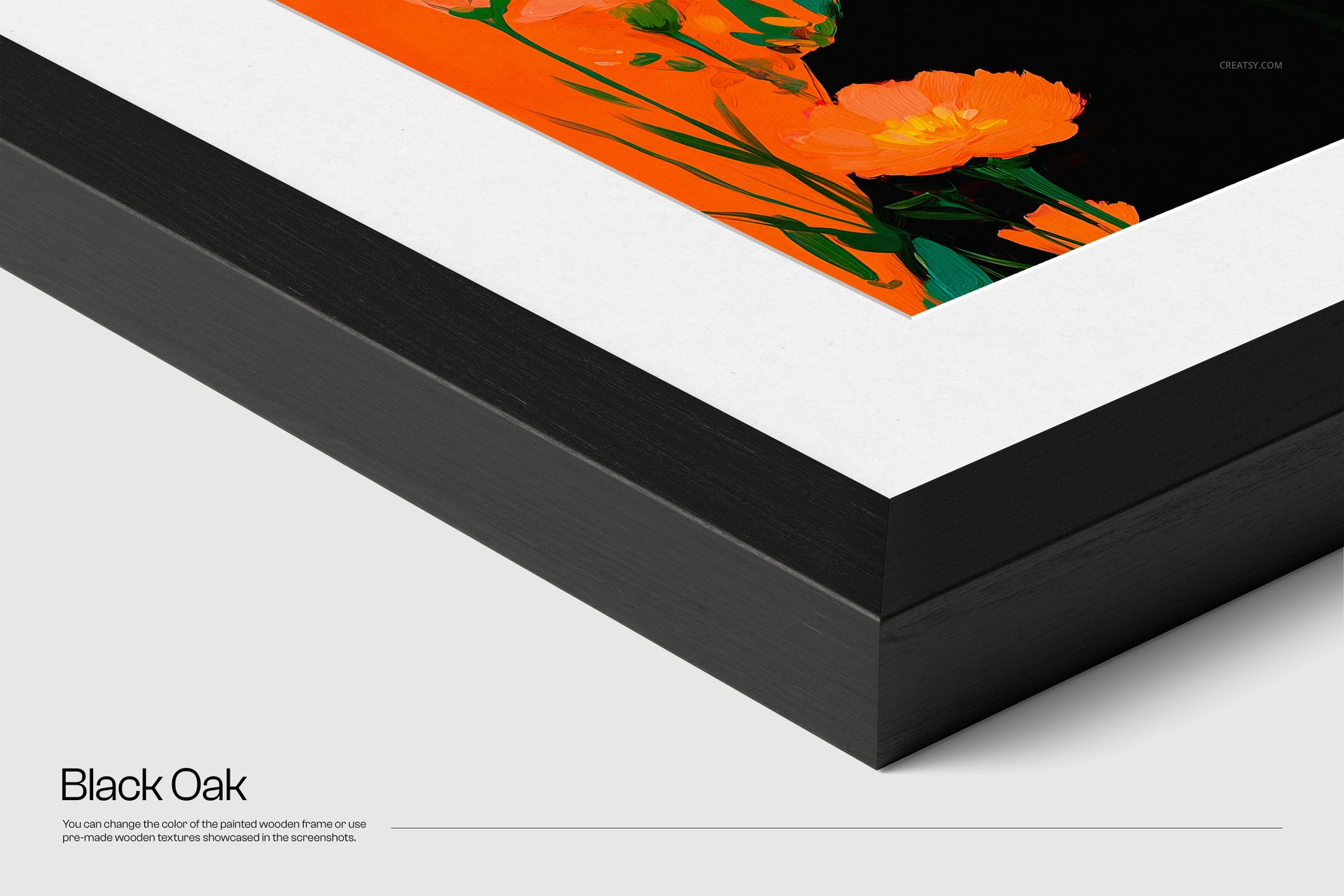 Detailed corner close-up of a black oak wooden frame mockup featuring a white matte and vibrant floral artwork.