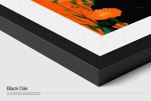 Detailed corner close-up of a black oak wooden frame mockup featuring a white matte and vibrant floral artwork.