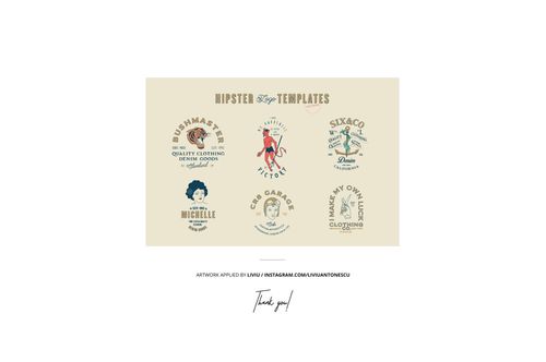 Collection of hipster-themed logo mockups arranged in two rows on a neutral background, showcasing diverse artwork.