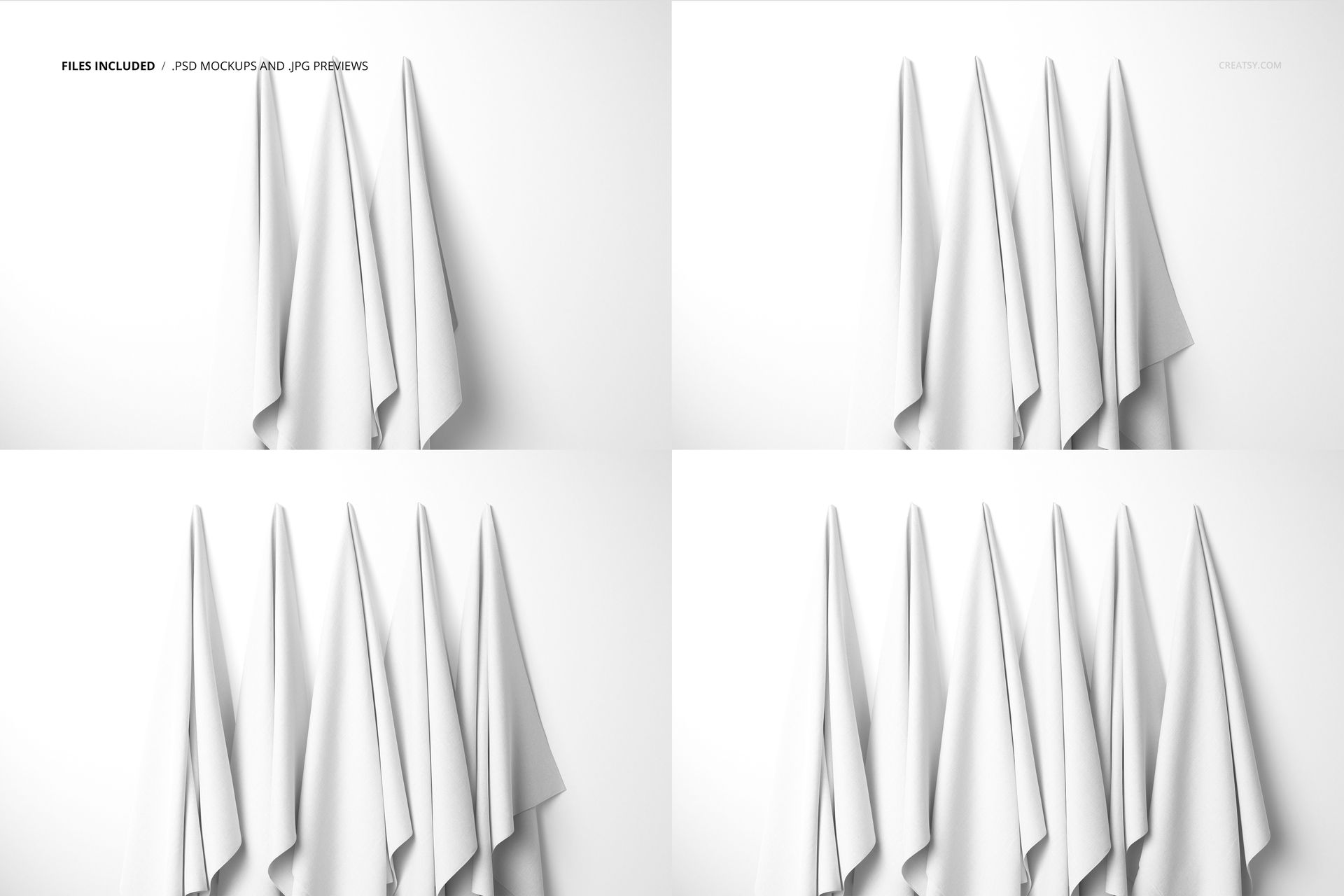 Four sets of white hanging fabrics displayed against a plain white wall, shown from a front view in a mockup layout.