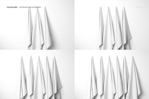 Four sets of white hanging fabrics displayed against a plain white wall, shown from a front view in a mockup layout.