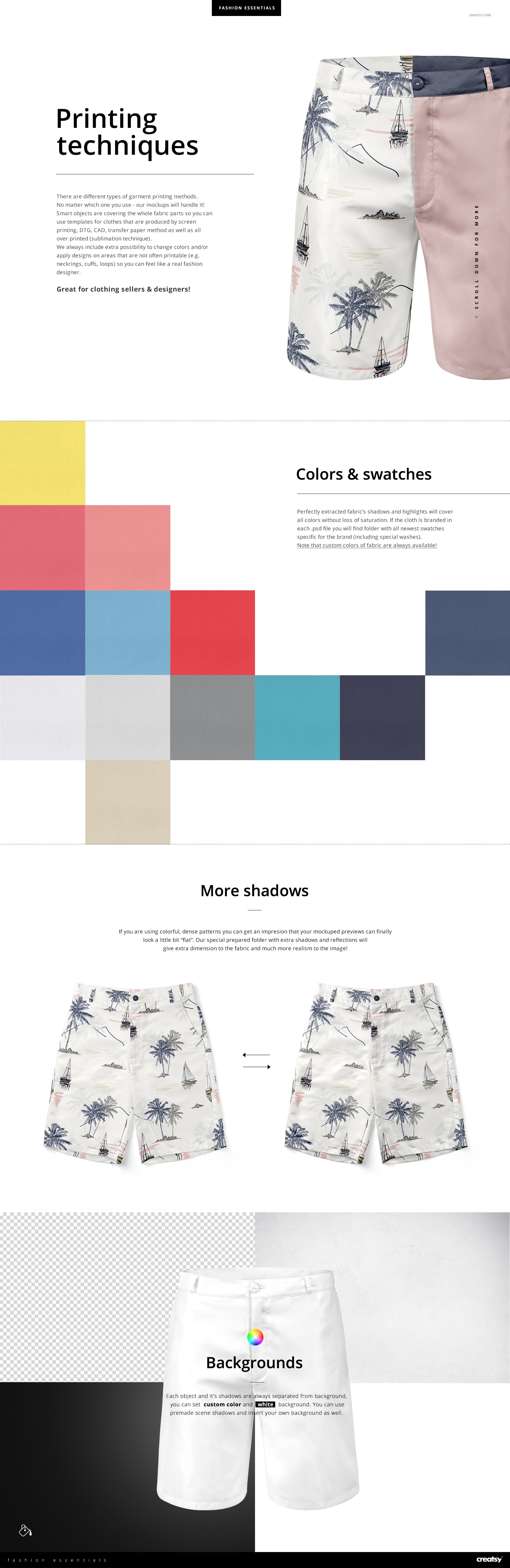 Men’s polyester shorts mockup showing two pairs with tropical and solid color designs, displayed in a front view.