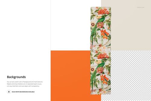 Crepe de Chine silk scarf mockup showing a vivid botanical print, laid out on a multi-tone background.