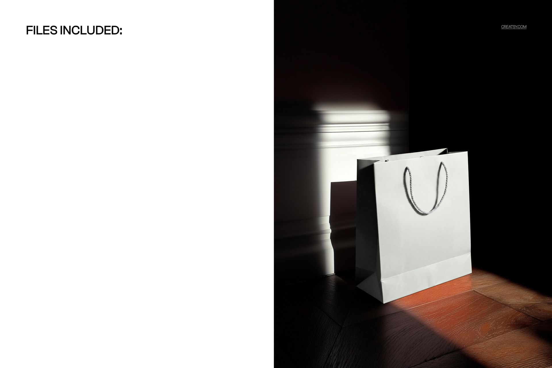 Paper shopping bag mockup placed on wooden parquet, with sunlight streaming through a door onto the bag.