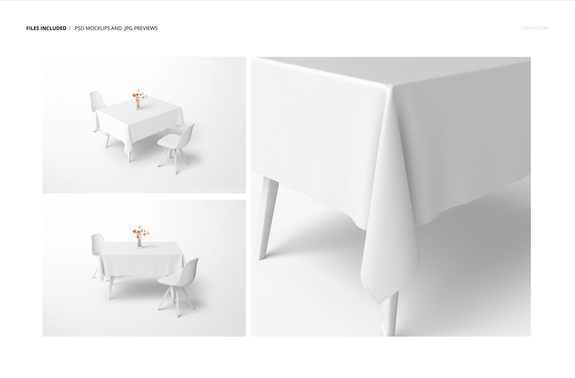 White tablecloth mockup displayed on a rectangular table with two chairs, shown from multiple angles in a minimal setting.