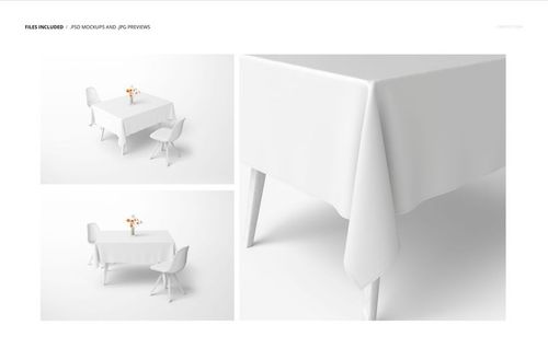 White tablecloth mockup displayed on a rectangular table with two chairs, shown from multiple angles in a minimal setting.