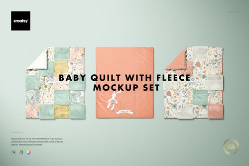 Mockup set of baby patchwork quilts with fleece features three quilts in floral and geometric pastel designs, top view.