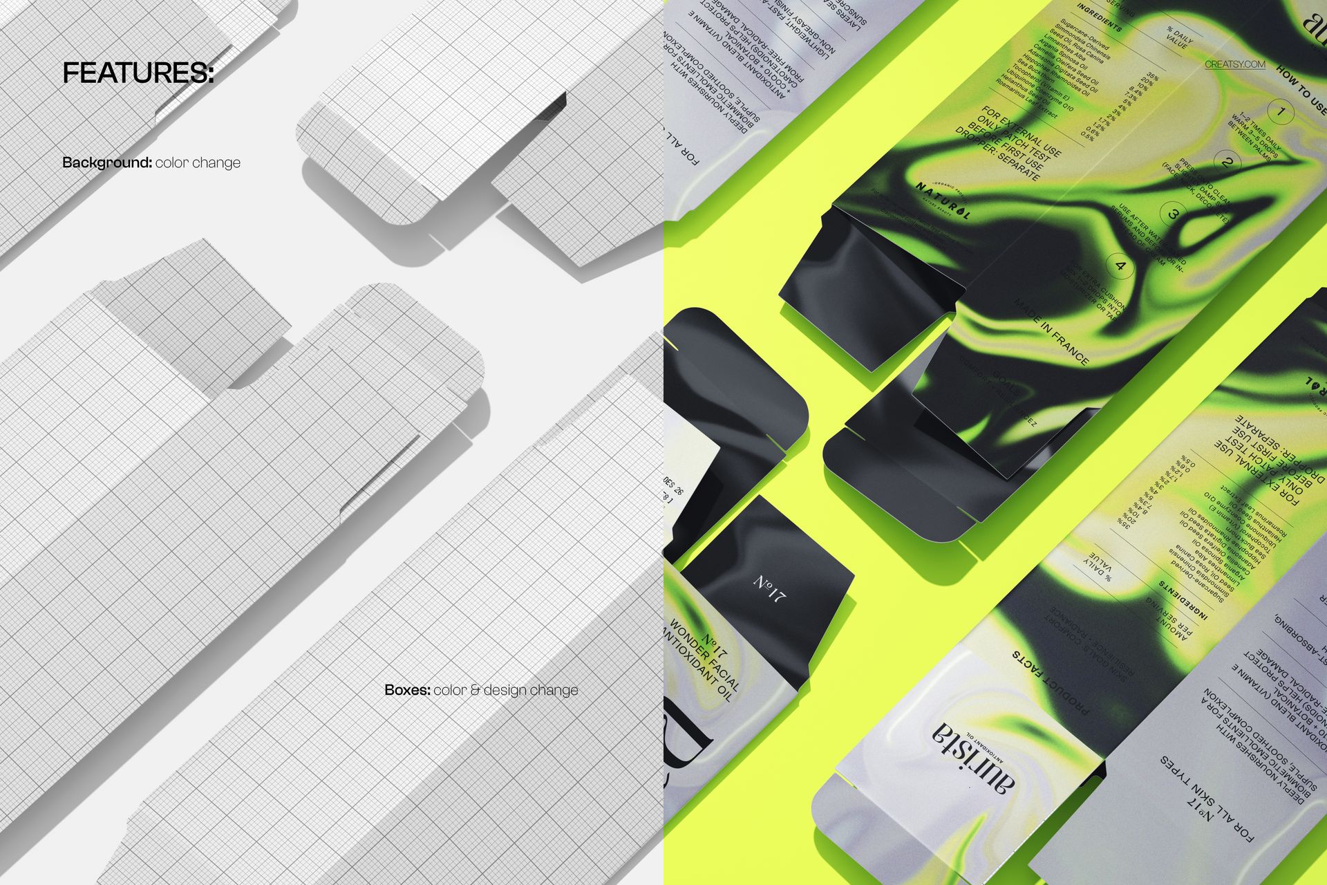 Scattered packaging box mockup in PSD format, with white grid and neon green abstract designs side by side.