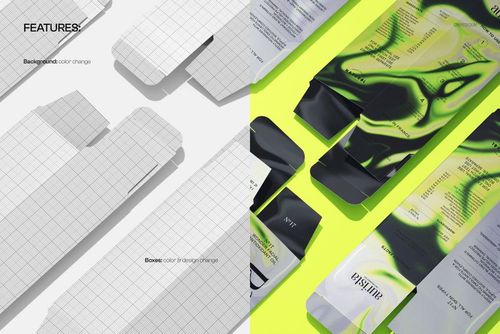 Scattered packaging box mockup in PSD format, with white grid and neon green abstract designs side by side.