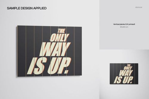 Wall art mockup featuring a vertical planked wood panel with bold typography in cream and orange tones, front view.