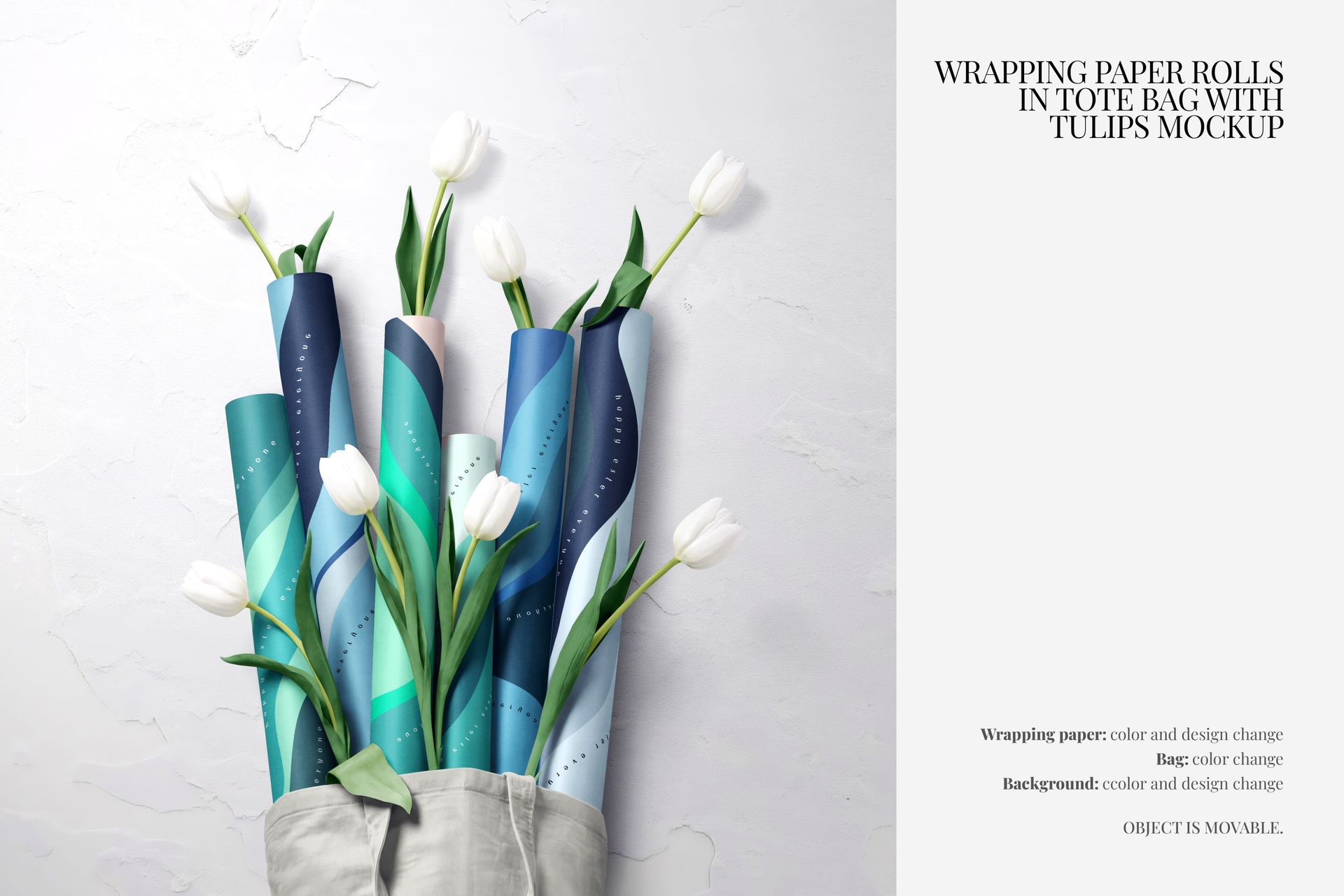 PSD mockup featuring a tote bag with assorted wrapping paper rolls in blue and green patterns and white tulips.
