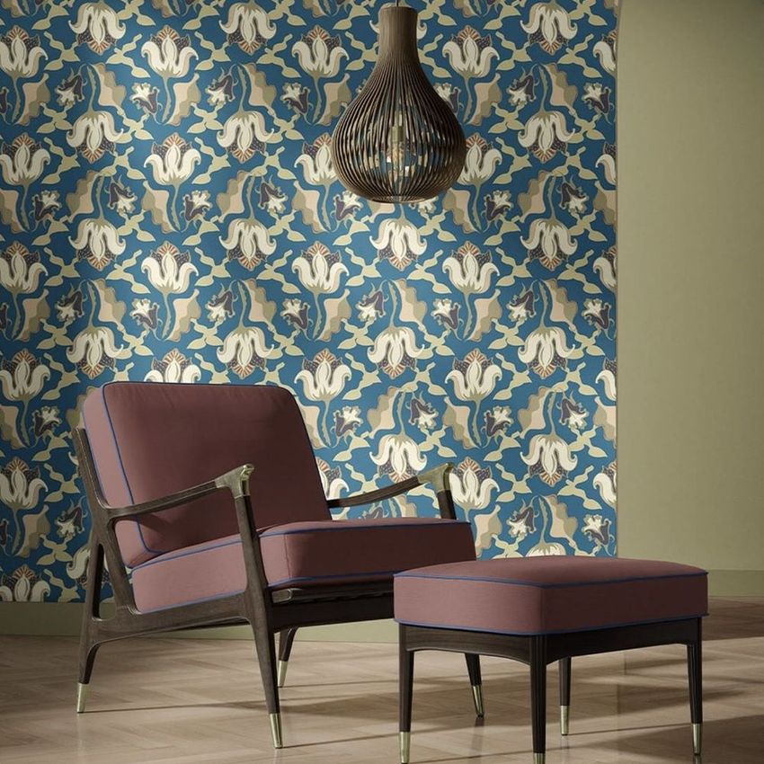 Lounge chair and ottoman mockup featuring mauve cushions and dark wood frames, set against a floral patterned wallpaper.