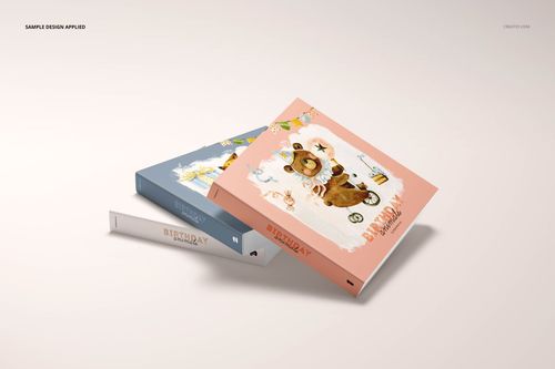 Board book mockup set featuring two hardcover books with colorful designs, displayed at a slight angle on a neutral surface.