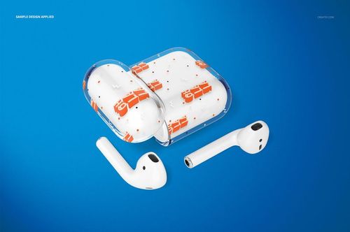 AirPods clear case mockup featuring a white and orange design, displayed with AirPods on a blue surface, top perspective.