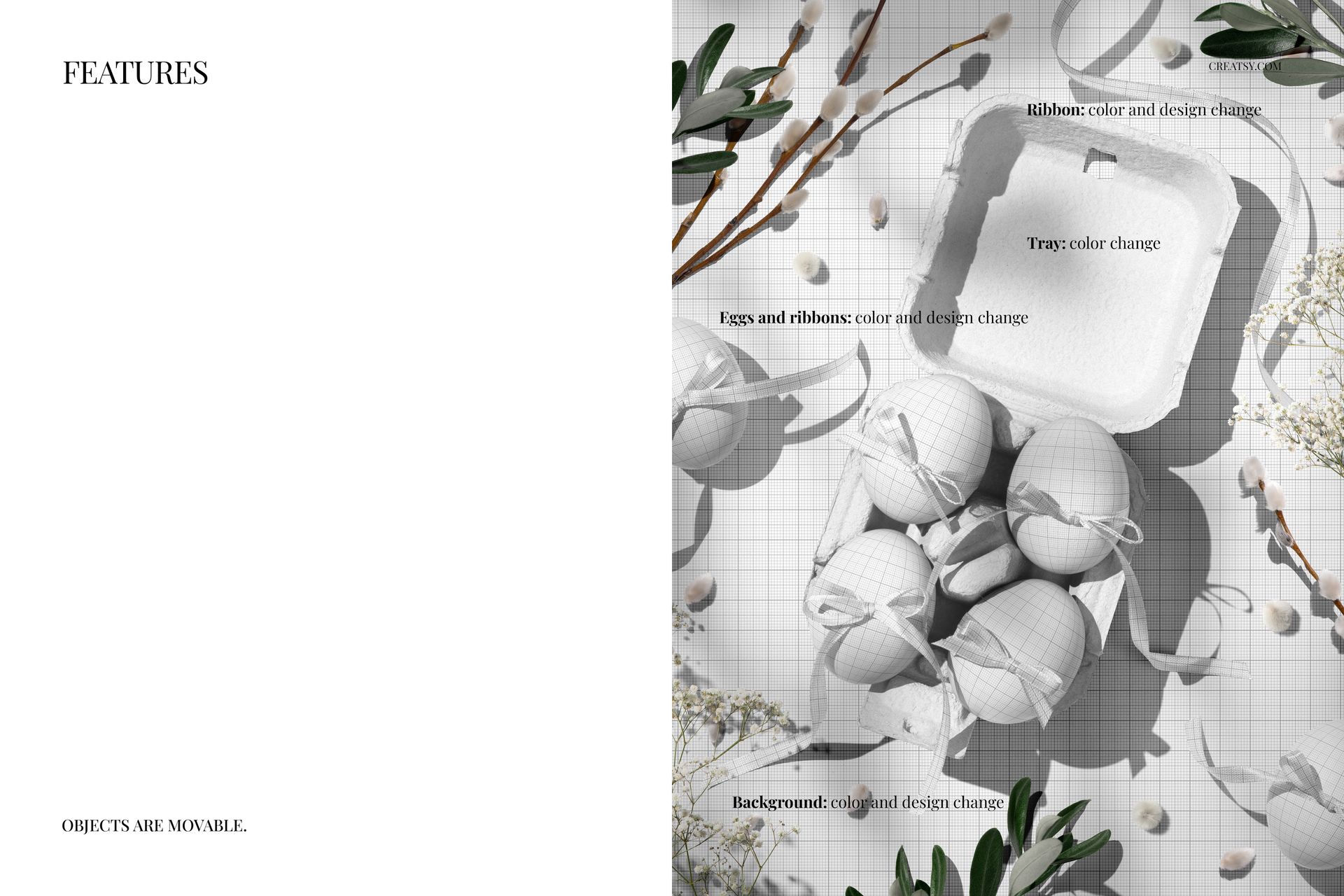 PSD mockup showing Easter eggs with decorative ribbons in a white box, with floral and leafy props around the scene.