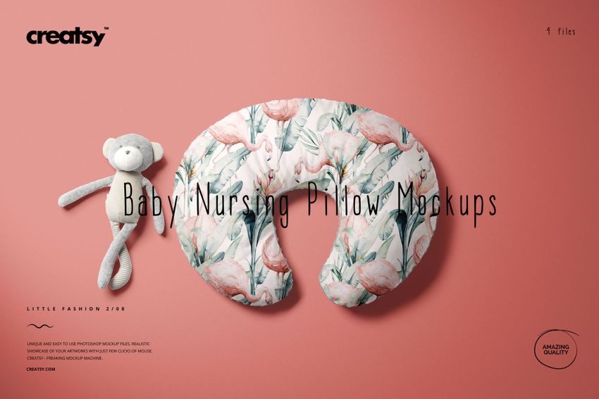 Mockup of a nursing pillow featuring a soft pink and green leaf design, displayed beside a gray stuffed animal on a pink surface.