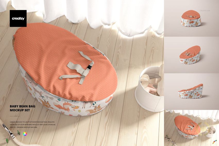 PSD mockup of a baby bean bag featuring an orange cover and playful animal pattern, displayed in a cozy nursery.