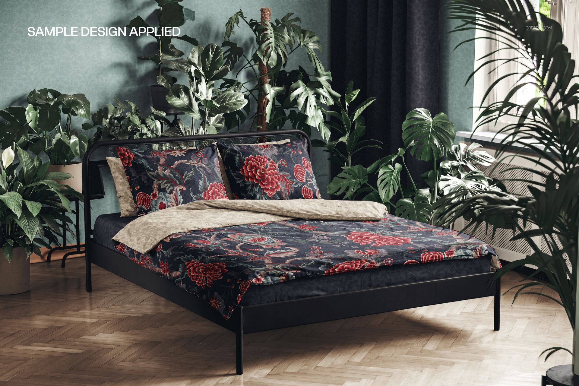 PSD mockup of a bedding set with decorative floral prints, displayed in a stylish room filled with leafy indoor plants.