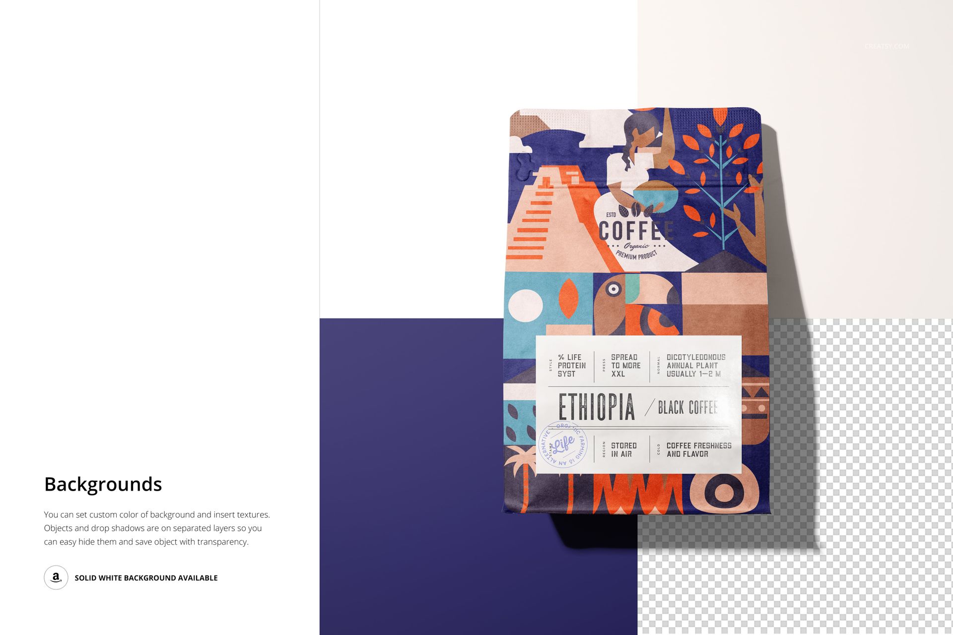 Coffee bag mockup displayed upright, featuring a vibrant design with shapes and illustrations on a multi-tone backdrop.