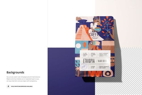 Coffee bag mockup displayed upright, featuring a vibrant design with shapes and illustrations on a multi-tone backdrop.