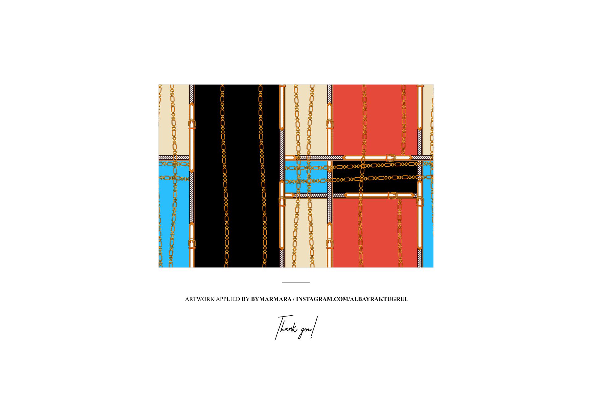 Silk scarf mockup displaying a geometric design with bold stripes and gold chain motifs on a white background.