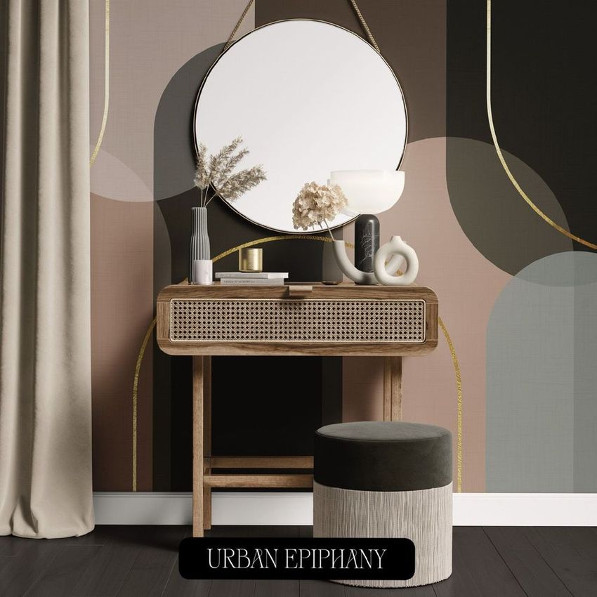 Dressing table mockup featuring a round mirror, decorative vase, lamp, and stool against an abstract arched wallpaper background.